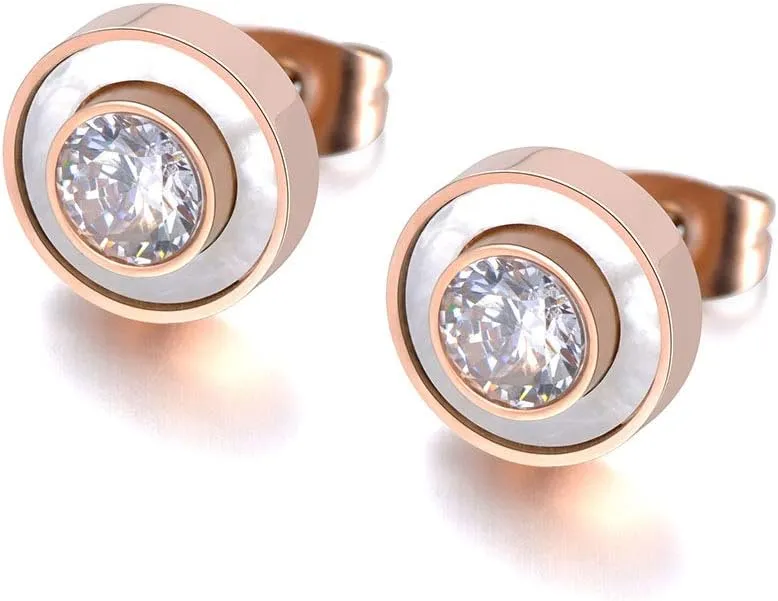 Women's Rose Gold Plated Stainless Steel Stud Earrings with White Shell Halo and Cubic Zirconia Center