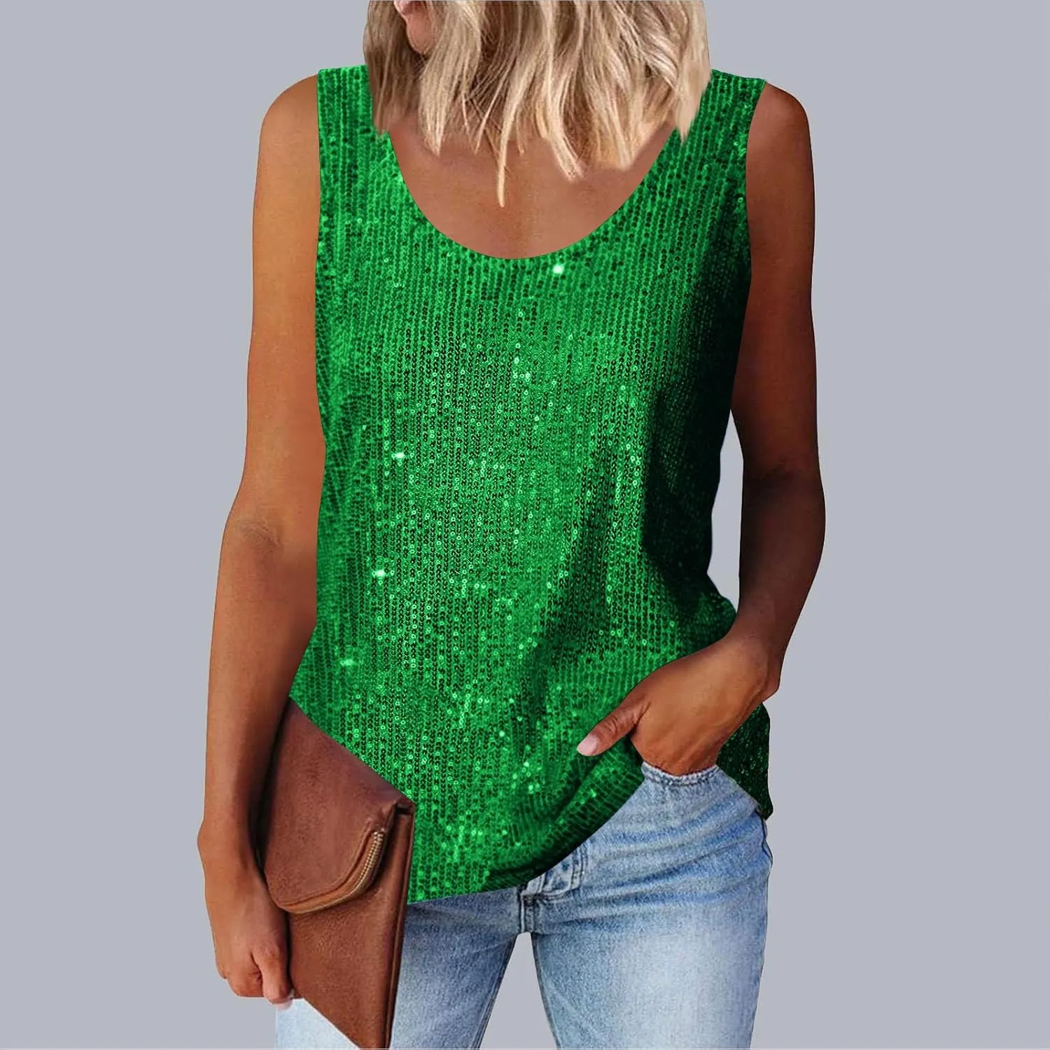 Women's Sequin Tank Top Summer Fashion Sparkly Sleeveless Tshirts Nightclub Party Glitter Scoop Neck Going Out Tops