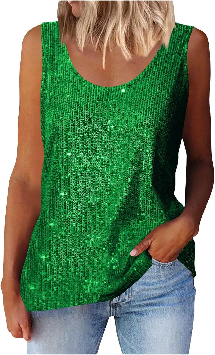 Women's Sequin Tank Top Summer Fashion Sparkly Sleeveless Tshirts Nightclub Party Glitter Scoop Neck Going Out Tops