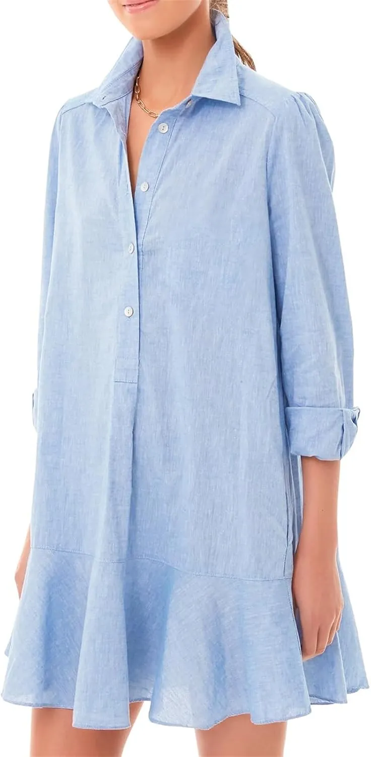 Women's Shirt Dress Lapel Long Sleeve Button Down Mini Dresses Solid Flowy Ruffle Hem Swing Summer Loose Dress