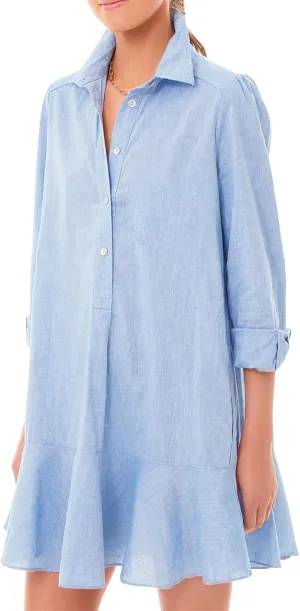 Women's Shirt Dress Lapel Long Sleeve Button Down Mini Dresses Solid Flowy Ruffle Hem Swing Summer Loose Dress