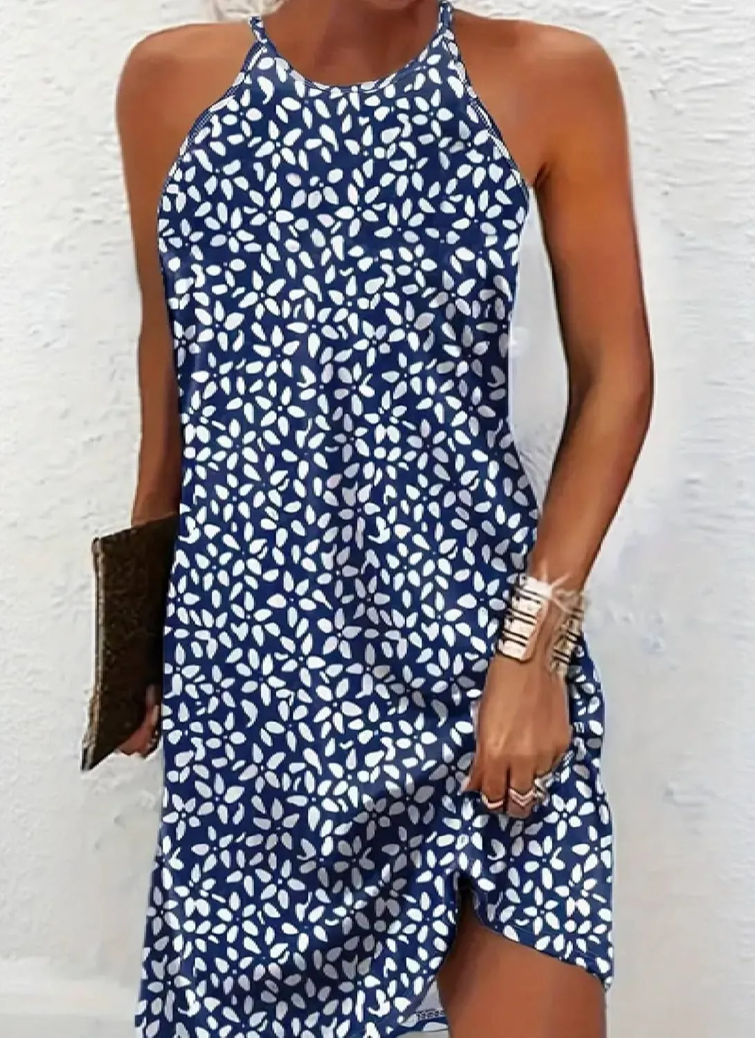 Womens Sleeveless Halter Neck Mini Dress Leaf Print Stylish Summer Outings Prom Dress