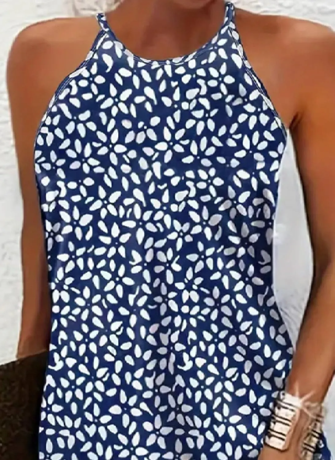Womens Sleeveless Halter Neck Mini Dress Leaf Print Stylish Summer Outings Prom Dress