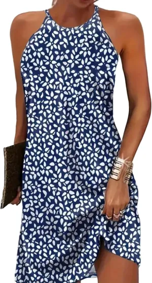 Womens Sleeveless Halter Neck Mini Dress Leaf Print Stylish Summer Outings Prom Dress