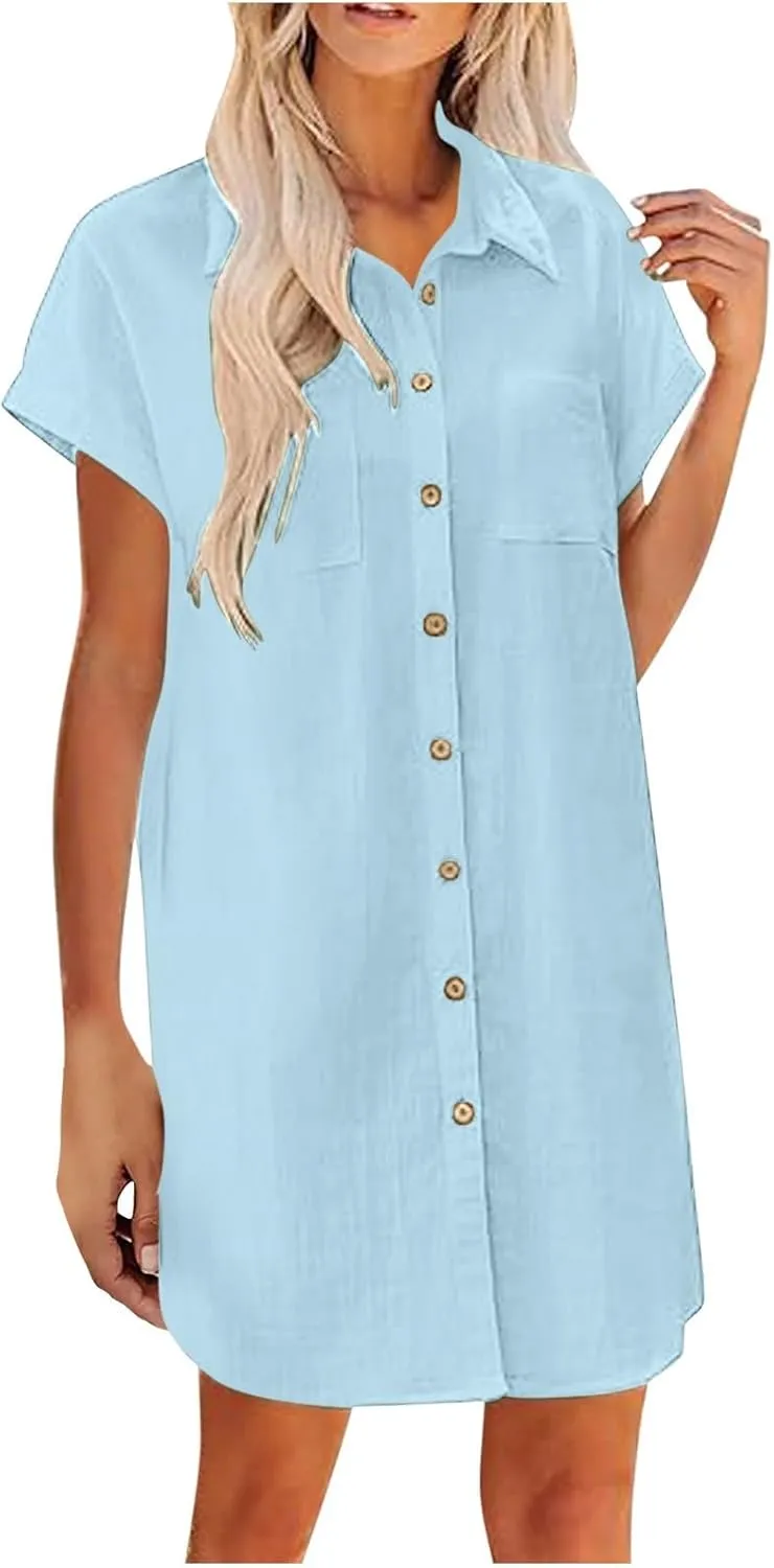 Women's Solid Color Loose Shirt Dresses Stand Up Collar Casual T Shirts Dress Pocket Button Short Sleeved Dresses