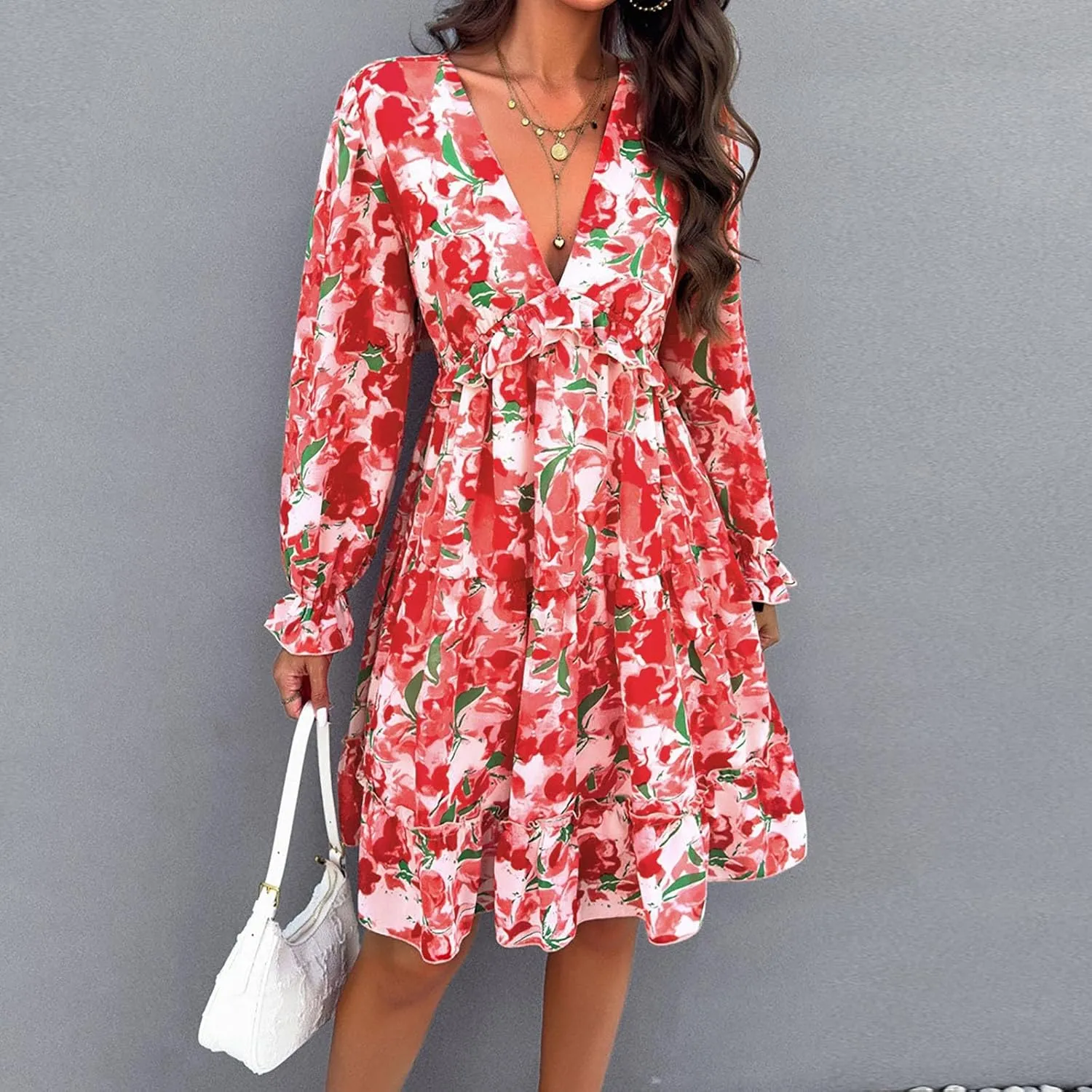 Womens Spring Summer Deep V Neck Ruffle Floral Flowy Mini A-Line Dress Casual Flowy Ruffle Chiffon Dress, Multicolor