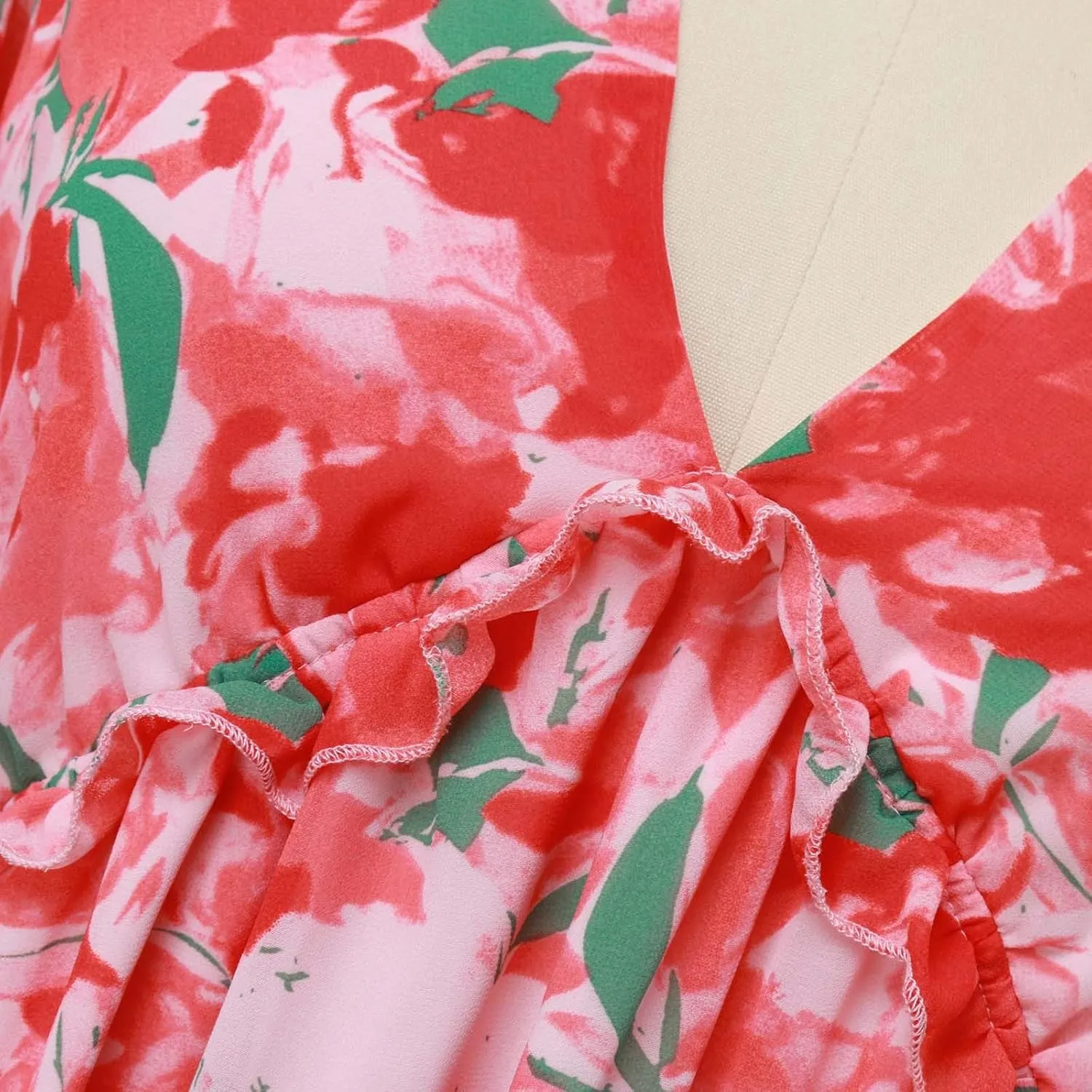 Womens Spring Summer Deep V Neck Ruffle Floral Flowy Mini A-Line Dress Casual Flowy Ruffle Chiffon Dress, Multicolor