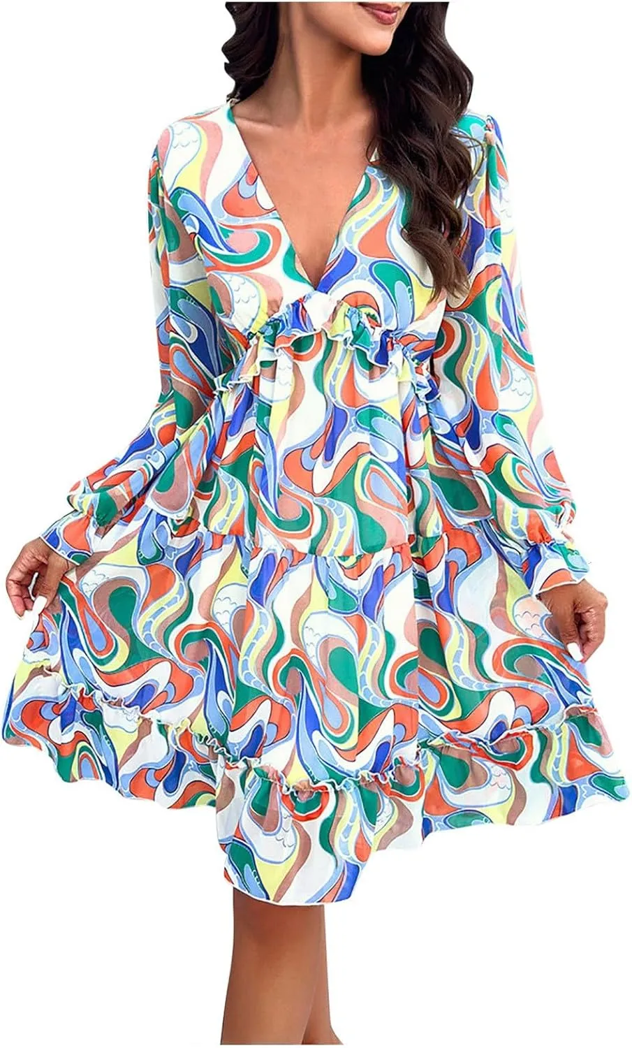 Womens Spring Summer Deep V Neck Ruffle Floral Flowy Mini A-Line Dress Casual Flowy Ruffle Chiffon Dress, Multicolor