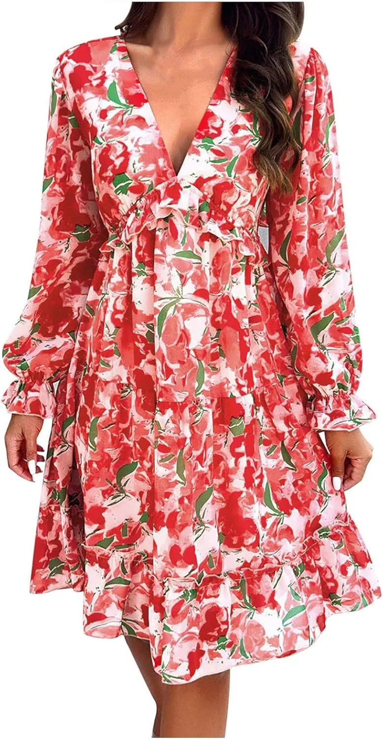 Womens Spring Summer Deep V Neck Ruffle Floral Flowy Mini A-Line Dress Casual Flowy Ruffle Chiffon Dress, Multicolor