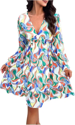 Womens Spring Summer Deep V Neck Ruffle Floral Flowy Mini A-Line Dress Casual Flowy Ruffle Chiffon Dress, Multicolor