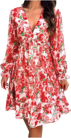 Womens Spring Summer Deep V Neck Ruffle Floral Flowy Mini A-Line Dress Casual Flowy Ruffle Chiffon Dress, Multicolor