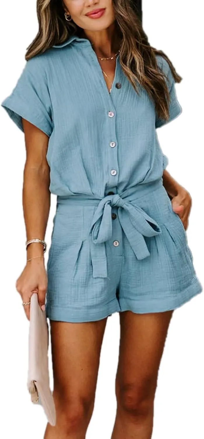 Women's Summer Button Down Rompers Belted Shirt Short Sleeve Jumpsuits with Pockets