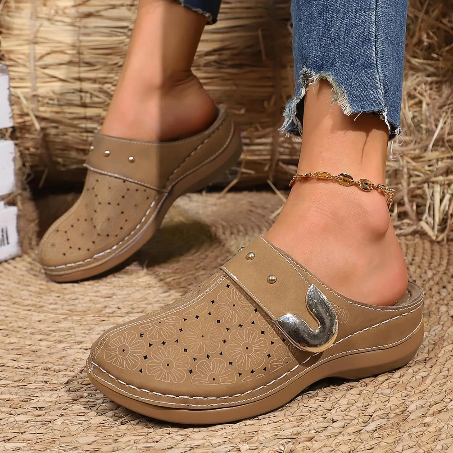 Womens Summer Clogs and Mules Orthopedic Sandals for Women Arch Support Walking Sandals Comfortable Closed Toe Lightweight Breathable Sandal Backless Low Wedge Slip on Mule Shoes with Metal Hollow