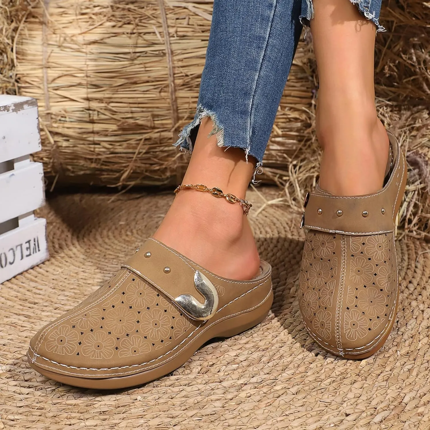 Womens Summer Clogs and Mules Orthopedic Sandals for Women Arch Support Walking Sandals Comfortable Closed Toe Lightweight Breathable Sandal Backless Low Wedge Slip on Mule Shoes with Metal Hollow