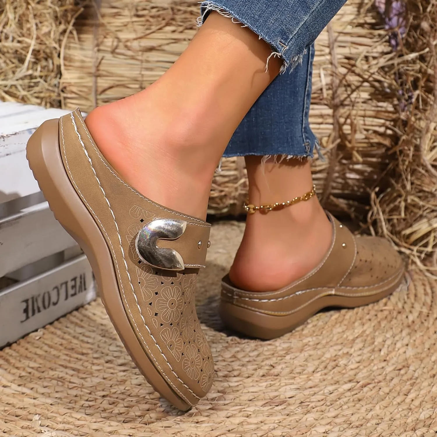 Womens Summer Clogs and Mules Orthopedic Sandals for Women Arch Support Walking Sandals Comfortable Closed Toe Lightweight Breathable Sandal Backless Low Wedge Slip on Mule Shoes with Metal Hollow