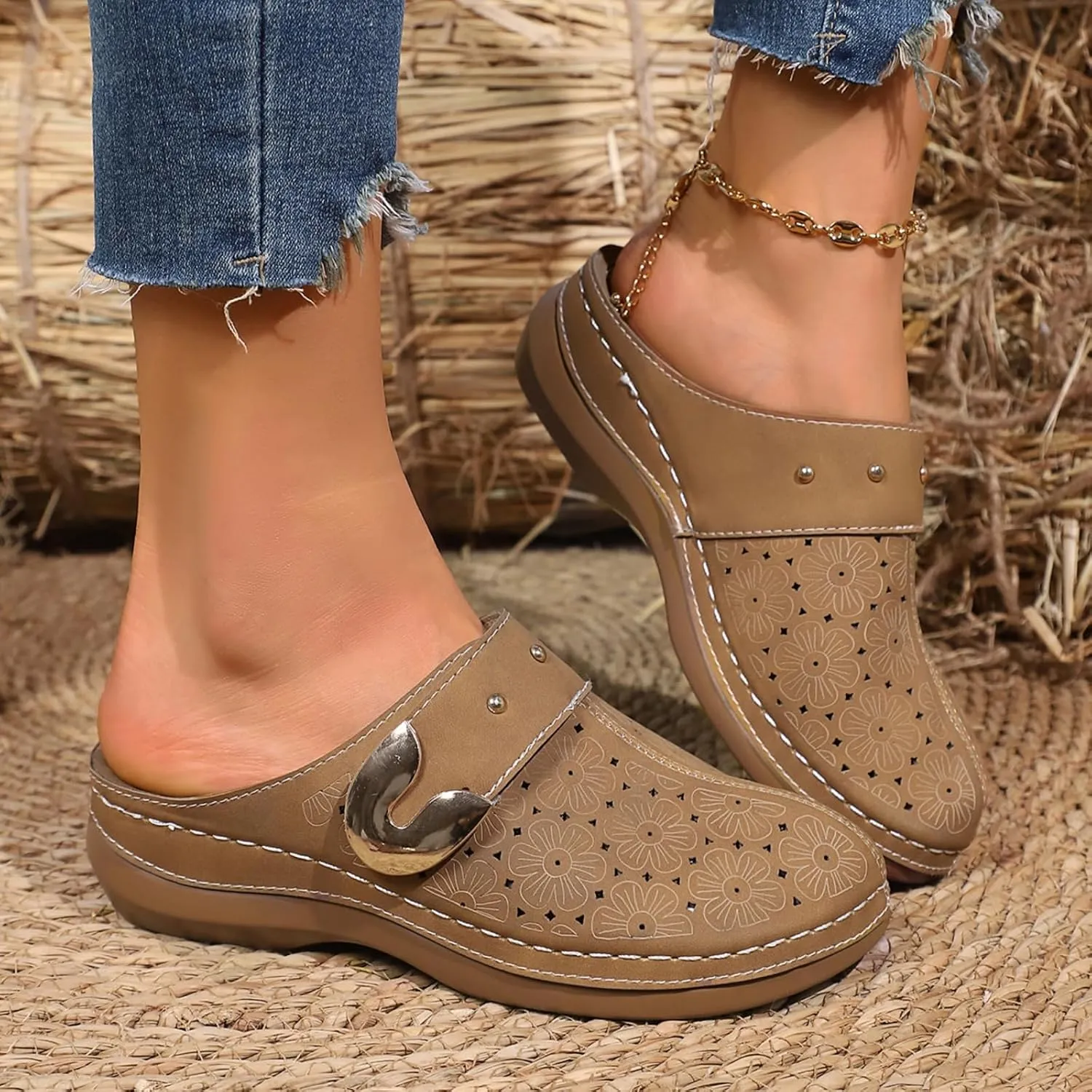 Womens Summer Clogs and Mules Orthopedic Sandals for Women Arch Support Walking Sandals Comfortable Closed Toe Lightweight Breathable Sandal Backless Low Wedge Slip on Mule Shoes with Metal Hollow