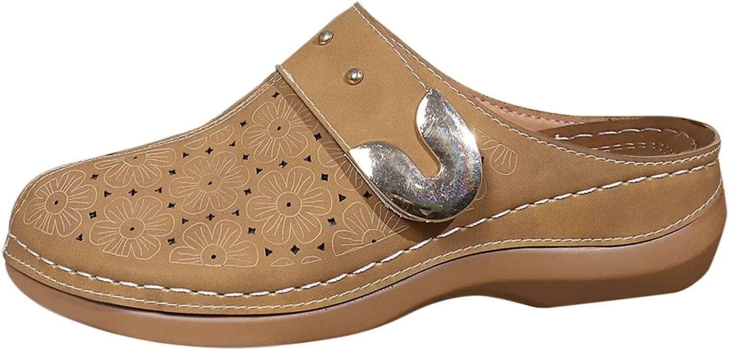 Womens Summer Clogs and Mules Orthopedic Sandals for Women Arch Support Walking Sandals Comfortable Closed Toe Lightweight Breathable Sandal Backless Low Wedge Slip on Mule Shoes with Metal Hollow