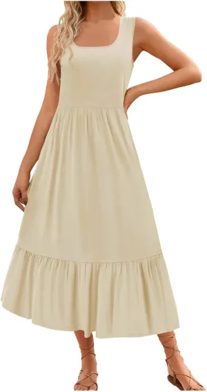 Women's Summer Dresses Sleeveless Casual Boho Maxi Long Dress Square Neck Smocked Floral Beach Vacation Sundresses 4