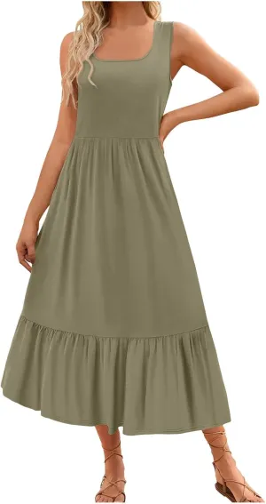 Women's Summer Dresses Sleeveless Casual Boho Maxi Long Dress Square Neck Smocked Floral Beach Vacation Sundresses 4