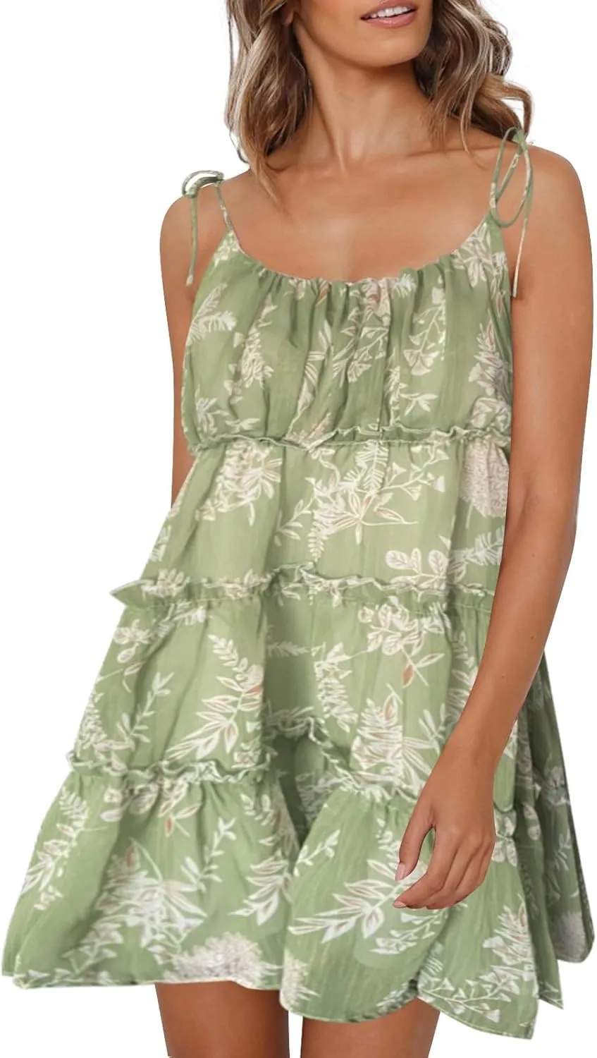 Womens Summer Floral Mini Dress Boho Flowy Skater Dresses Short Sleeveless Ruffle Spaghetti Strap Dress Flowy Sundress