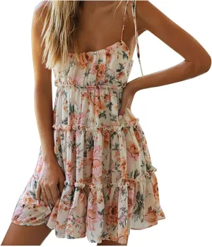 Womens Summer Floral Mini Dress Boho Flowy Skater Dresses Short Sleeveless Ruffle Spaghetti Strap Dress Flowy Sundress