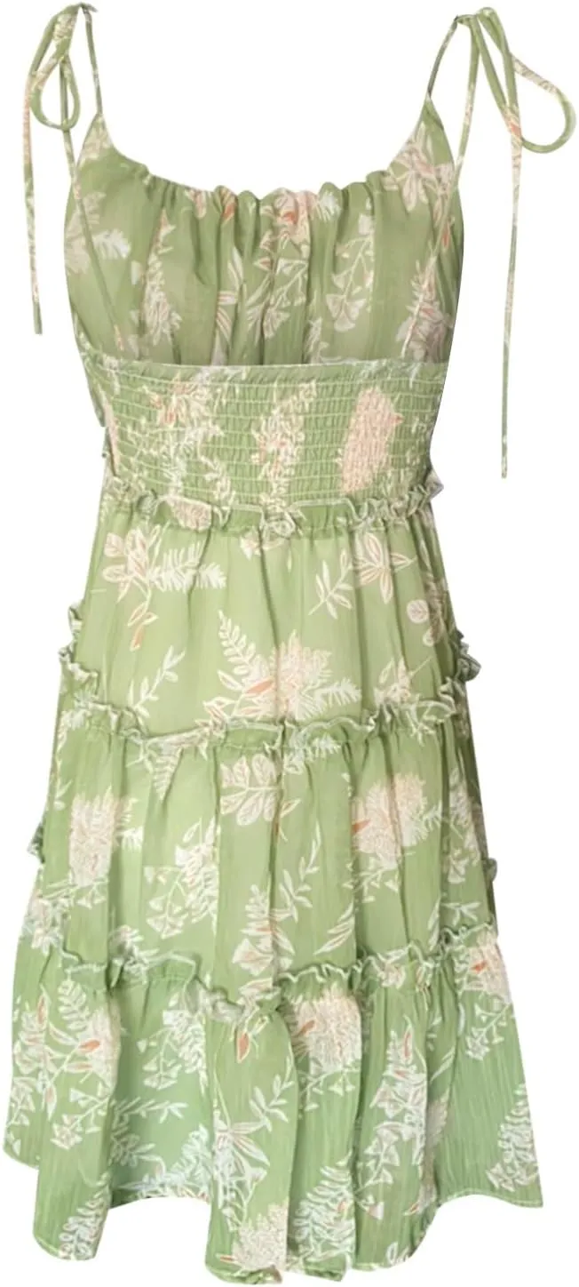 Womens Summer Floral Mini Dress Boho Flowy Skater Dresses Short Sleeveless Ruffle Spaghetti Strap Dress Flowy Sundress