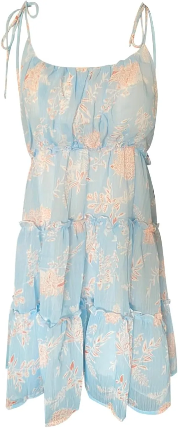 Womens Summer Floral Mini Dress Boho Flowy Skater Dresses Short Sleeveless Ruffle Spaghetti Strap Dress Flowy Sundress