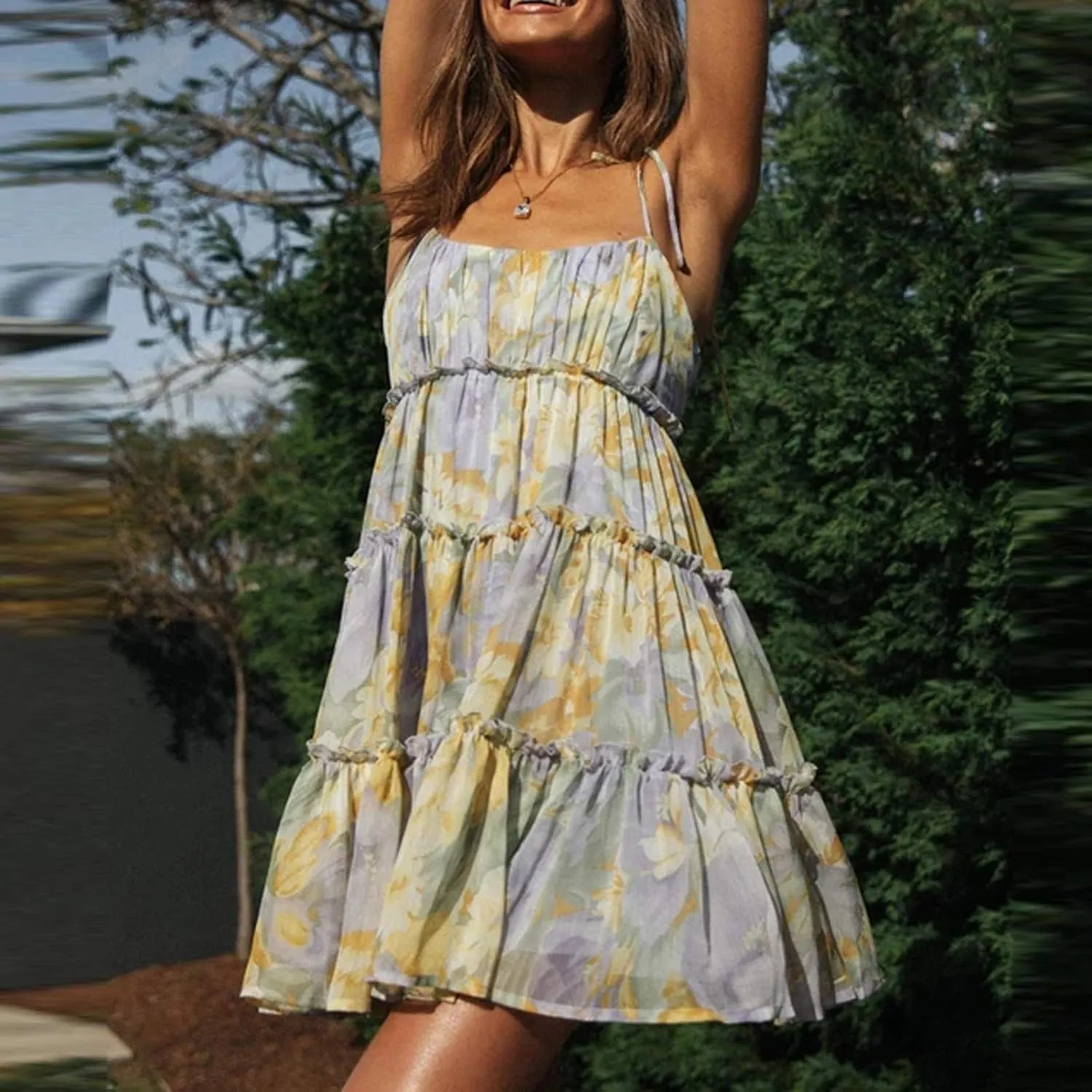 Womens Summer Floral Mini Dress Boho Flowy Skater Dresses Short Sleeveless Ruffle Spaghetti Strap Dress Flowy Sundress