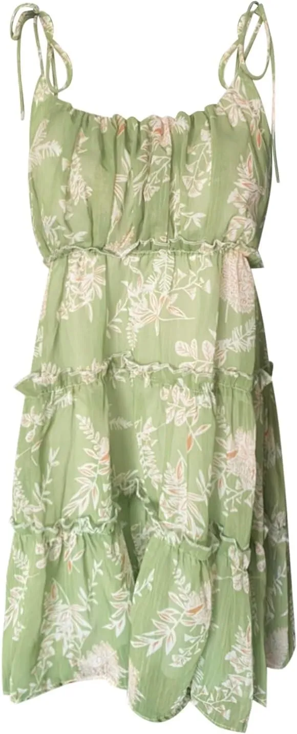 Womens Summer Floral Mini Dress Boho Flowy Skater Dresses Short Sleeveless Ruffle Spaghetti Strap Dress Flowy Sundress