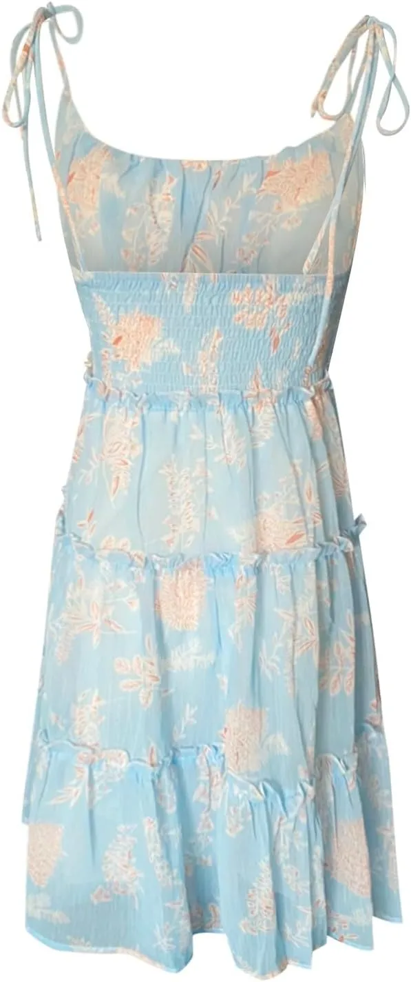 Womens Summer Floral Mini Dress Boho Flowy Skater Dresses Short Sleeveless Ruffle Spaghetti Strap Dress Flowy Sundress