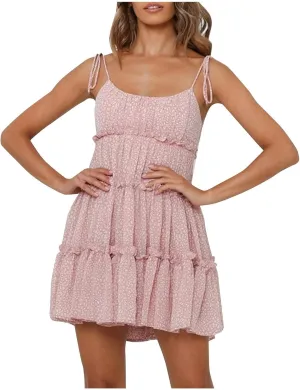 Womens Summer Floral Mini Dress Boho Flowy Skater Dresses Short Sleeveless Ruffle Spaghetti Strap Dress Flowy Sundress