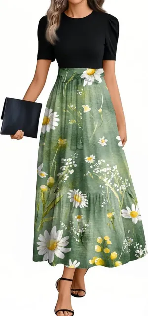 Women's Summer Short Sleeve Maxi Dress 2025 Casual Crewneck Pleated A Line Flowy Long Dresses