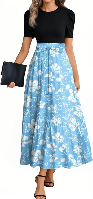 Women's Summer Short Sleeve Maxi Dress 2025 Casual Crewneck Pleated A Line Flowy Long Dresses
