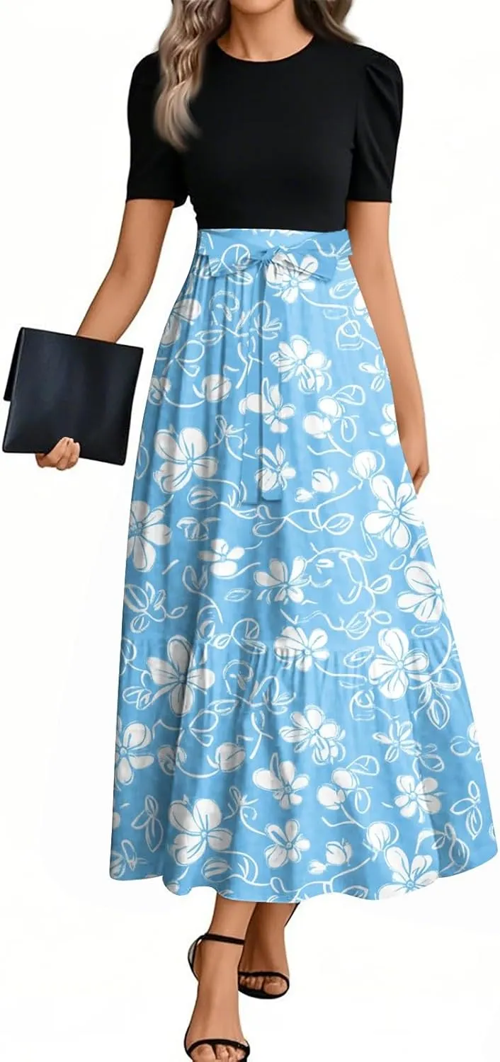 Women's Summer Short Sleeve Maxi Dress 2025 Casual Crewneck Pleated A Line Flowy Long Dresses