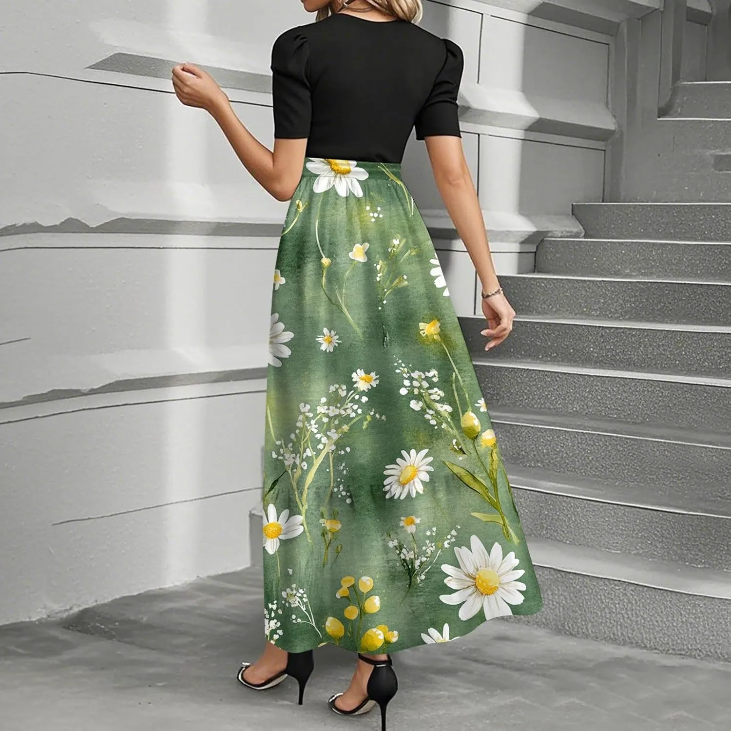 Women's Summer Short Sleeve Maxi Dress 2025 Casual Crewneck Pleated A Line Flowy Long Dresses