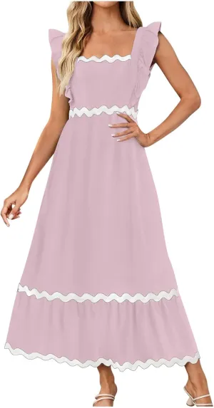 Women's Summer Sleeveless Ruffle Dresses Square Neck Backless Boho Flowy Maxi Sundress Tiered Flowy Dress with Pockets