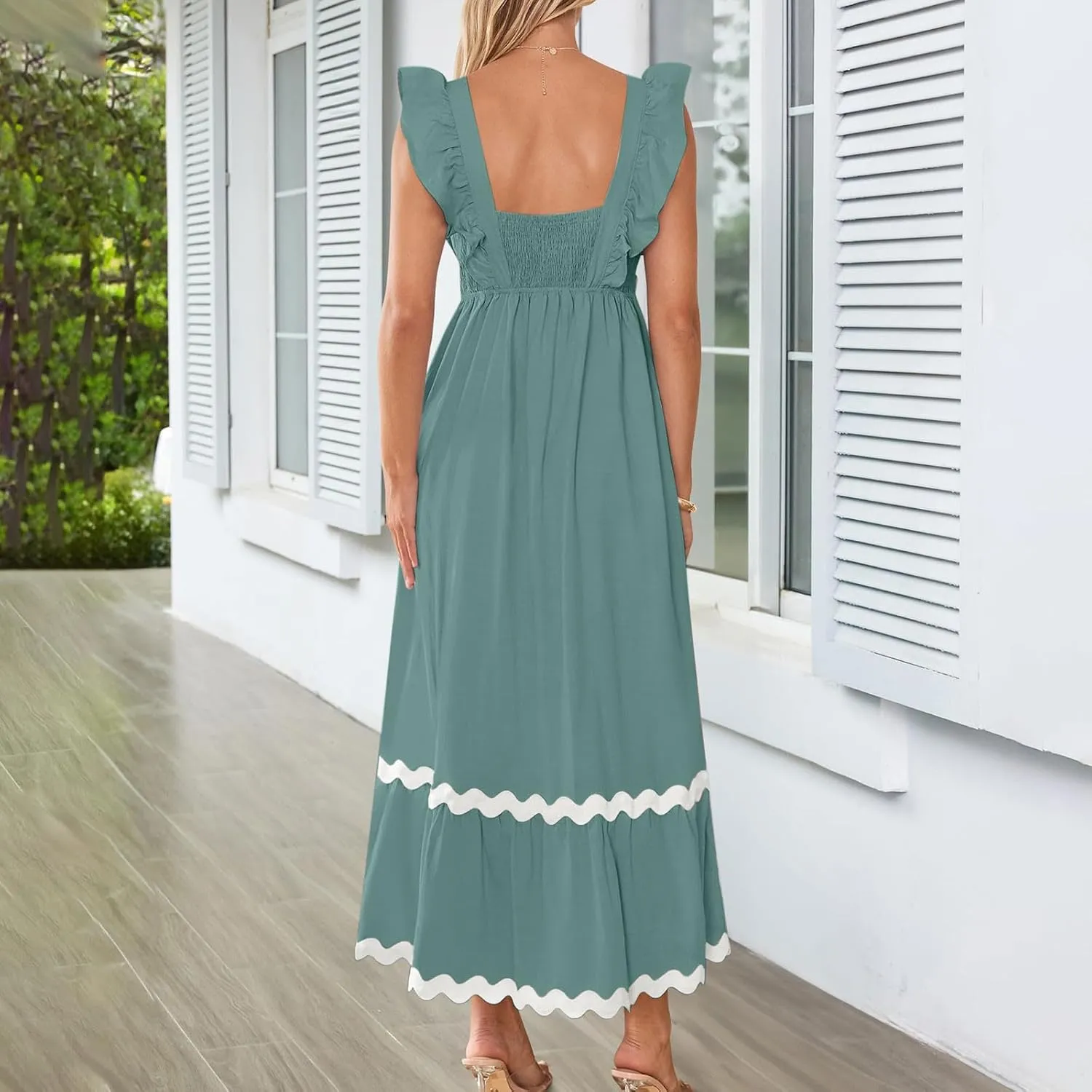 Women's Summer Sleeveless Ruffle Dresses Square Neck Backless Boho Flowy Maxi Sundress Tiered Flowy Dress with Pockets