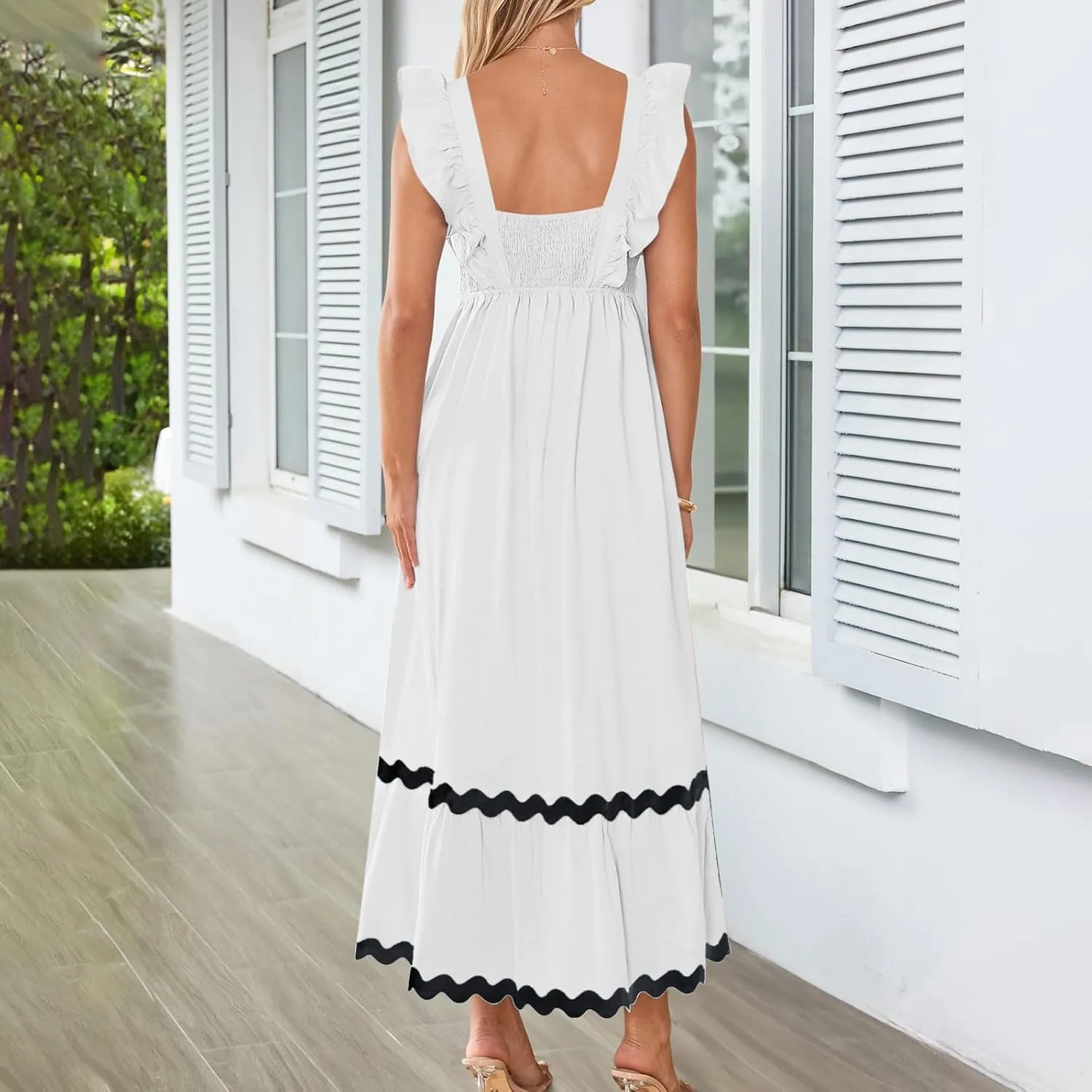 Women's Summer Sleeveless Ruffle Dresses Square Neck Backless Boho Flowy Maxi Sundress Tiered Flowy Dress with Pockets