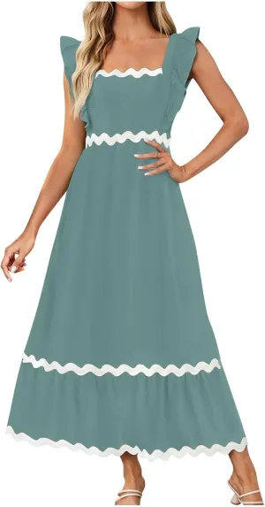 Women's Summer Sleeveless Ruffle Dresses Square Neck Backless Boho Flowy Maxi Sundress Tiered Flowy Dress with Pockets