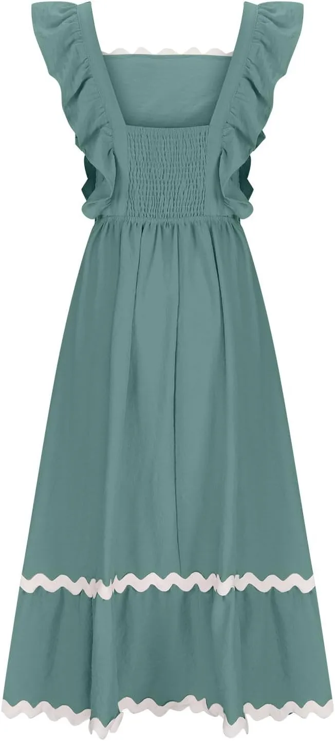 Women's Summer Sleeveless Ruffle Dresses Square Neck Backless Boho Flowy Maxi Sundress Tiered Flowy Dress with Pockets
