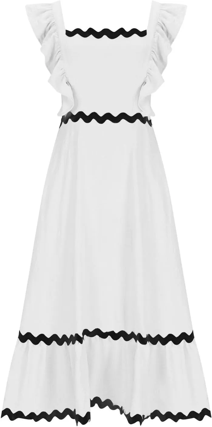 Women's Summer Sleeveless Ruffle Dresses Square Neck Backless Boho Flowy Maxi Sundress Tiered Flowy Dress with Pockets