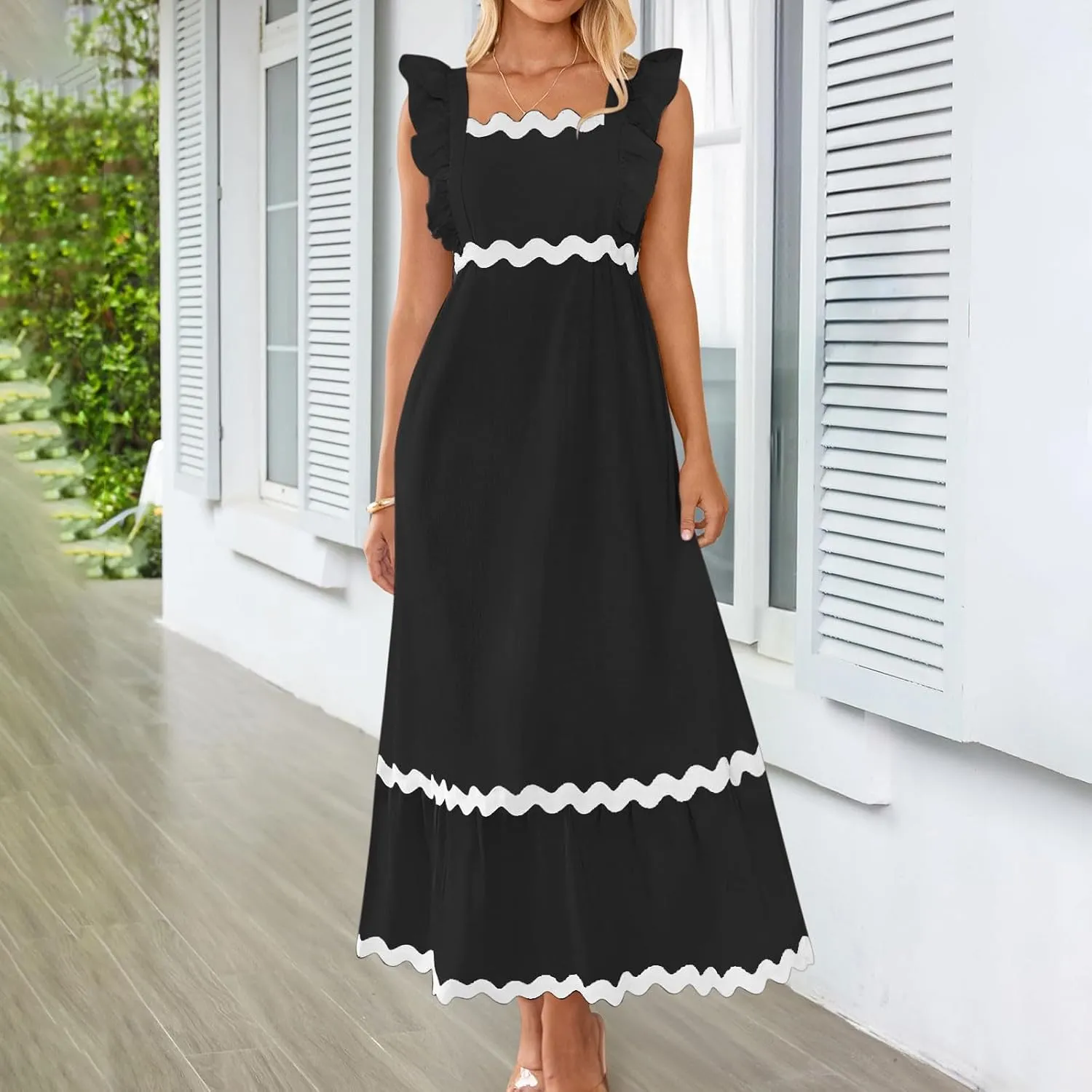 Women's Summer Sleeveless Ruffle Dresses Square Neck Backless Boho Flowy Maxi Sundress Tiered Flowy Dress with Pockets