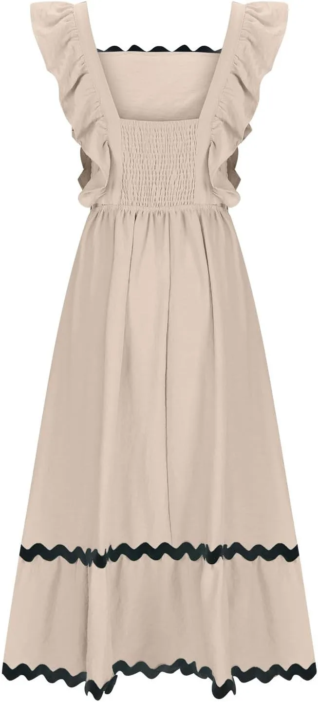 Women's Summer Sleeveless Ruffle Dresses Square Neck Backless Boho Flowy Maxi Sundress Tiered Flowy Dress with Pockets