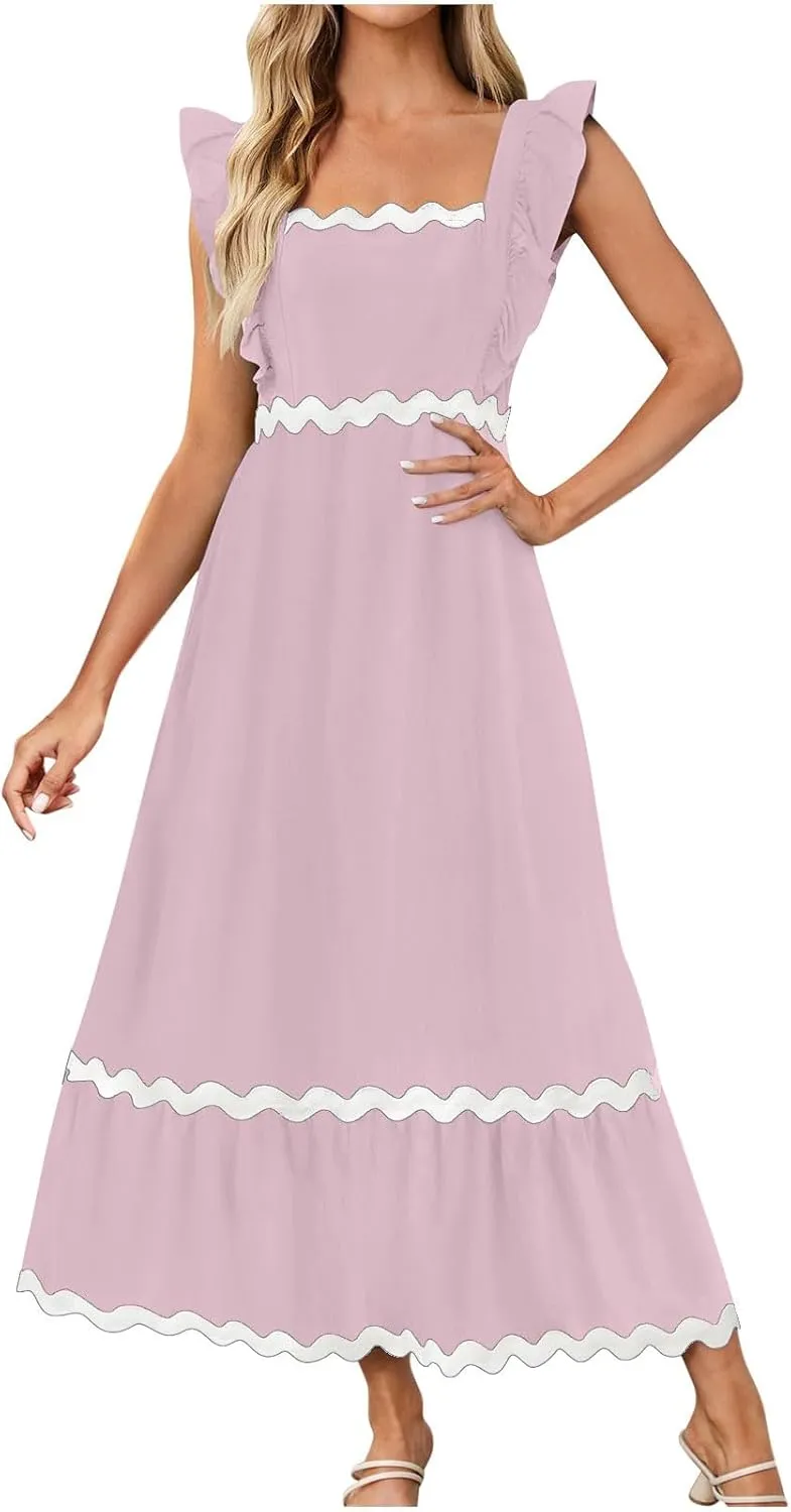 Women's Summer Sleeveless Ruffle Dresses Square Neck Backless Boho Flowy Maxi Sundress Tiered Flowy Dress with Pockets