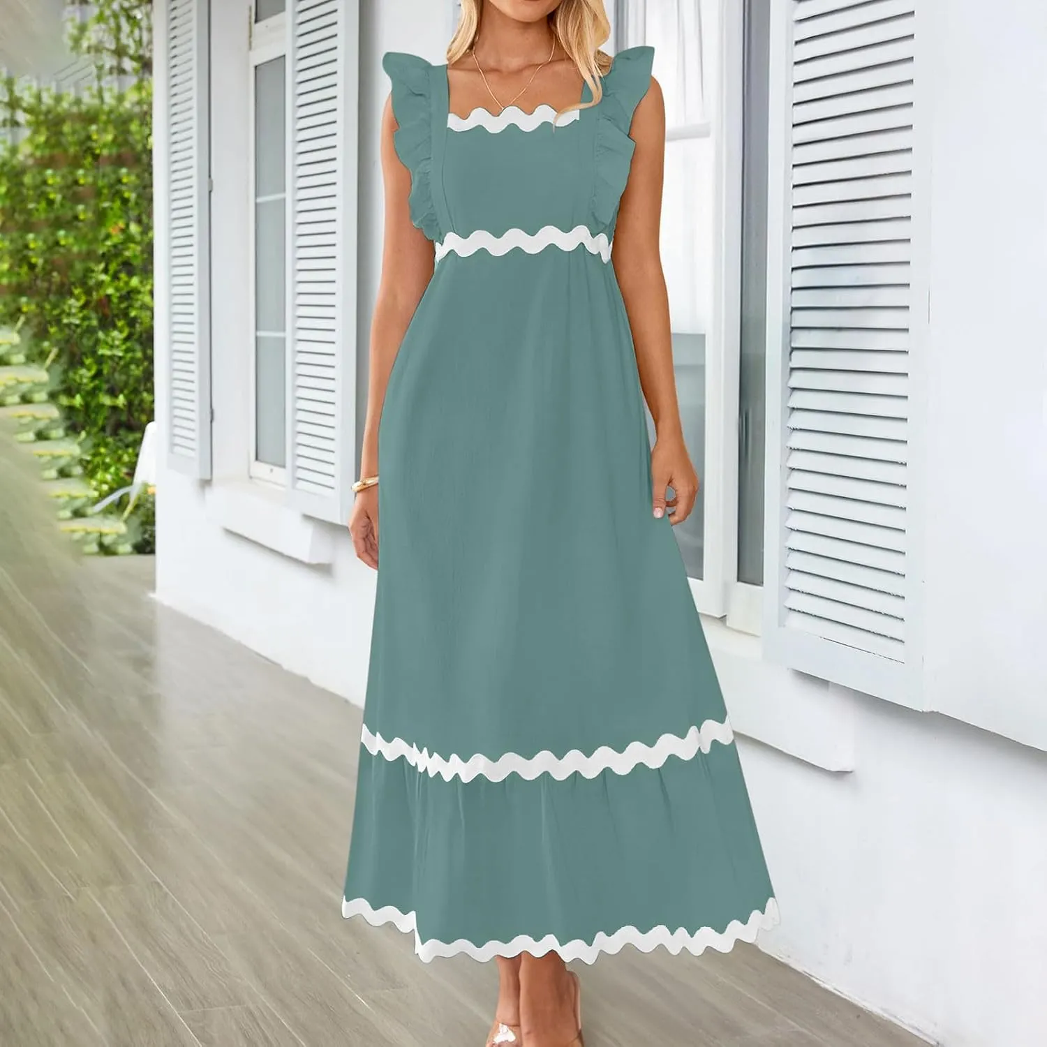 Women's Summer Sleeveless Ruffle Dresses Square Neck Backless Boho Flowy Maxi Sundress Tiered Flowy Dress with Pockets