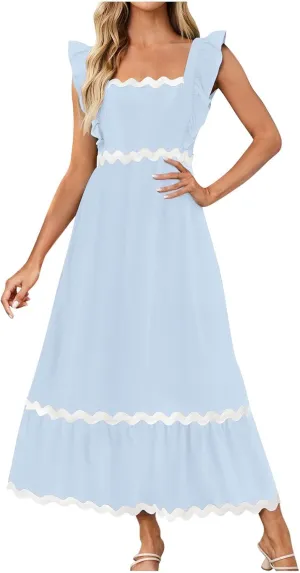 Women's Summer Sleeveless Ruffle Dresses Square Neck Backless Boho Flowy Maxi Sundress Tiered Flowy Dress with Pockets