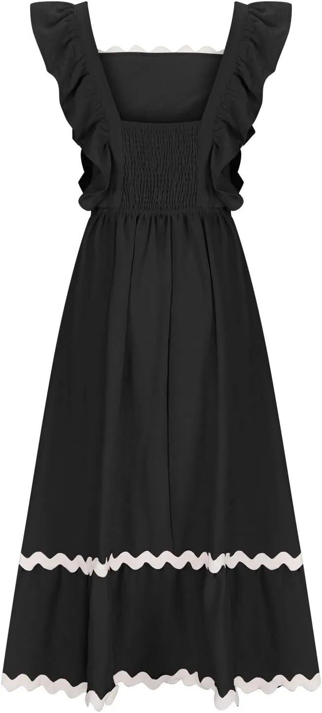 Women's Summer Sleeveless Ruffle Dresses Square Neck Backless Boho Flowy Maxi Sundress Tiered Flowy Dress with Pockets