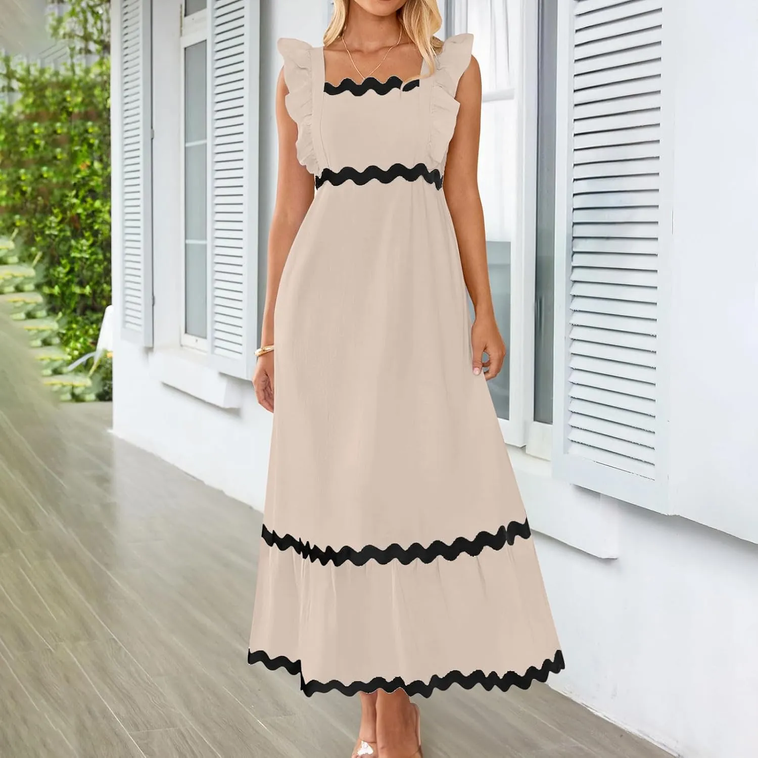 Women's Summer Sleeveless Ruffle Dresses Square Neck Backless Boho Flowy Maxi Sundress Tiered Flowy Dress with Pockets