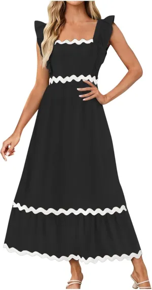 Women's Summer Sleeveless Ruffle Dresses Square Neck Backless Boho Flowy Maxi Sundress Tiered Flowy Dress with Pockets