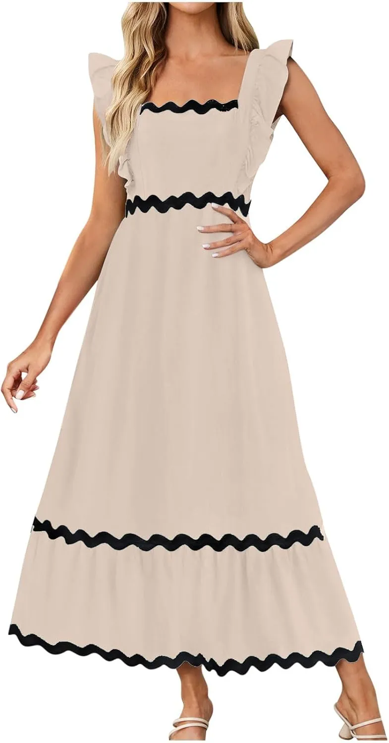 Women's Summer Sleeveless Ruffle Dresses Square Neck Backless Boho Flowy Maxi Sundress Tiered Flowy Dress with Pockets